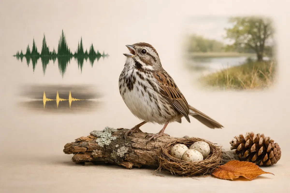 Simple side-by-side visual of a bird song pattern, a short call pattern, habitat, and season clues