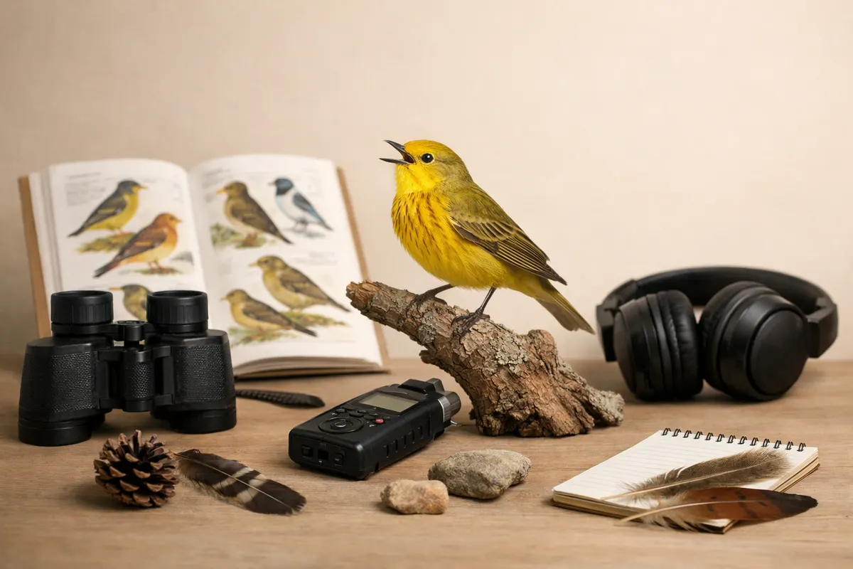 Illustration of a singing bird beside an audio recorder, headphones, and a field guide.