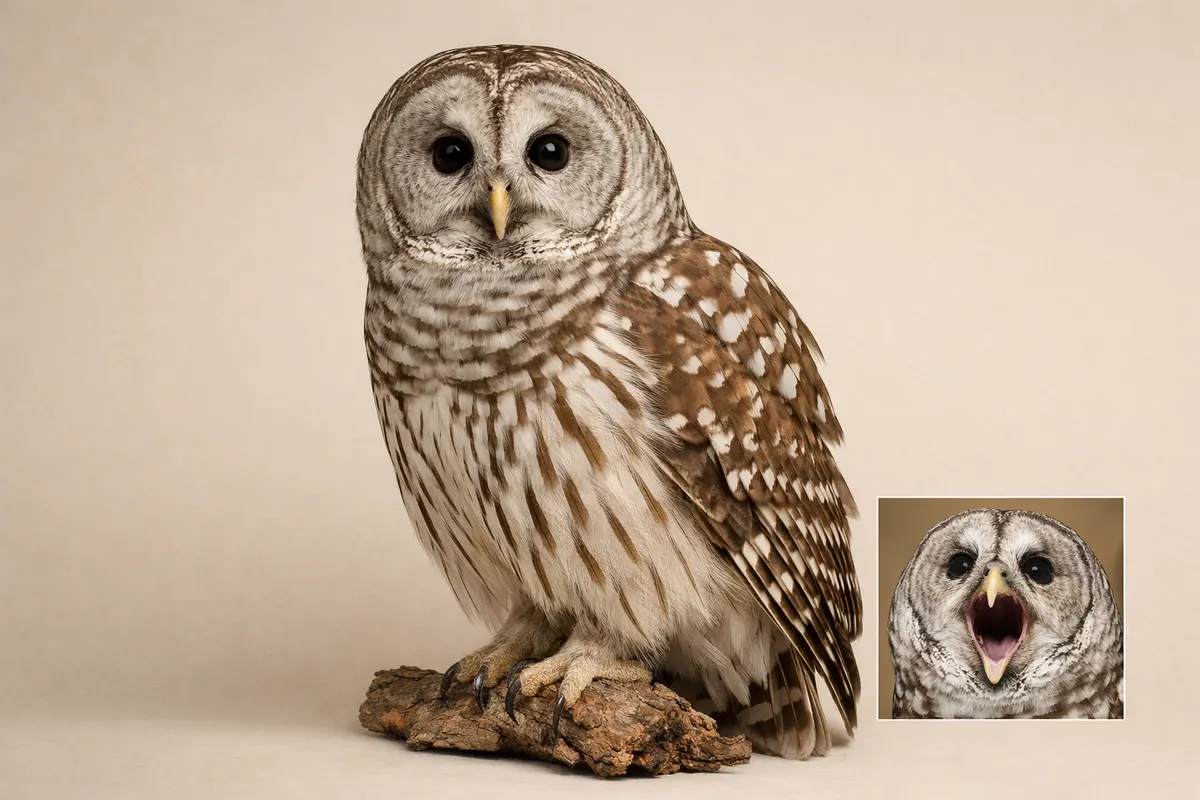 Encyclopedia-style reference visual for Barred Owl with labeled recognition details and lookalike cues.