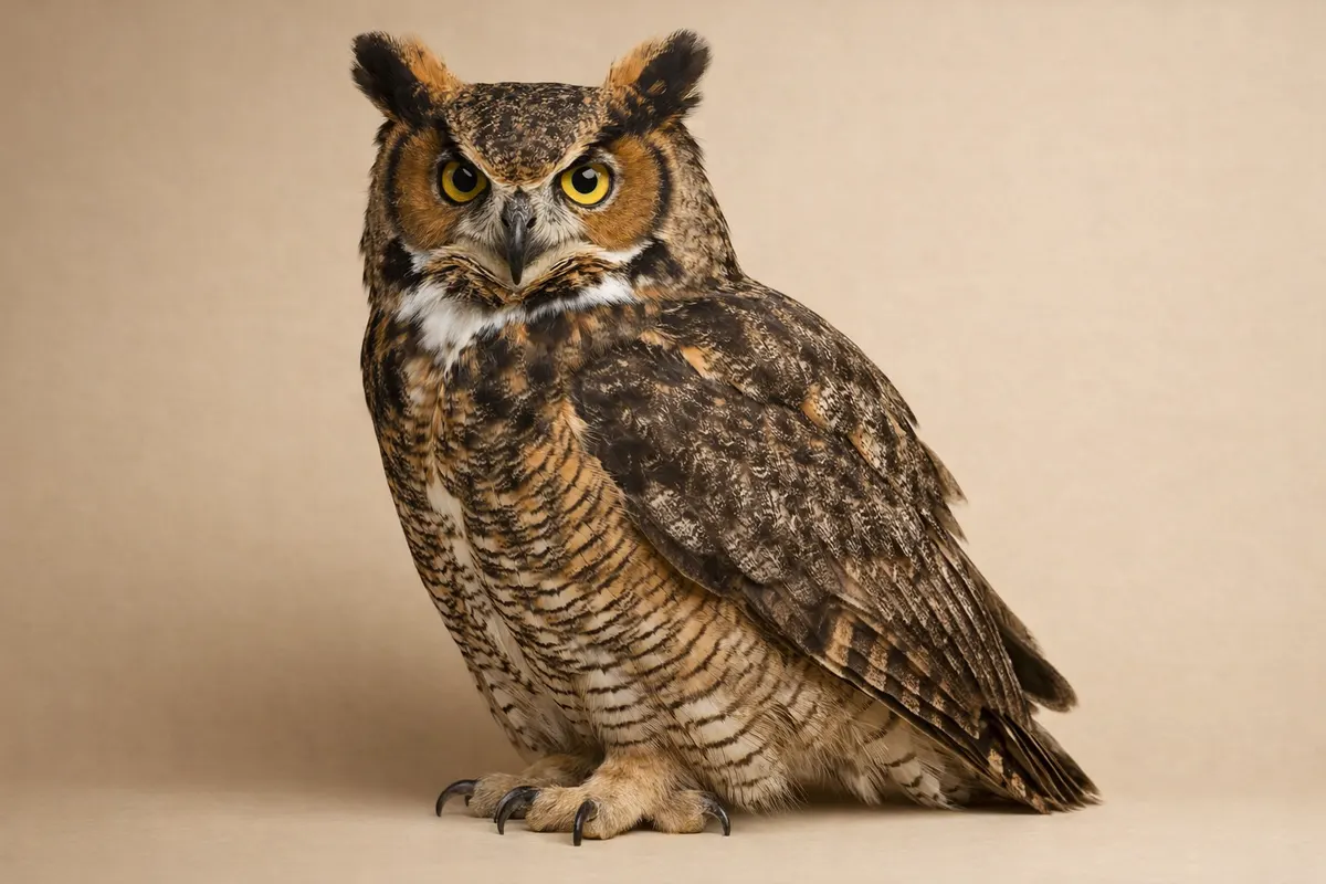 Encyclopedia-style reference visual for Great Horned Owl with labeled recognition details and lookalike cues.